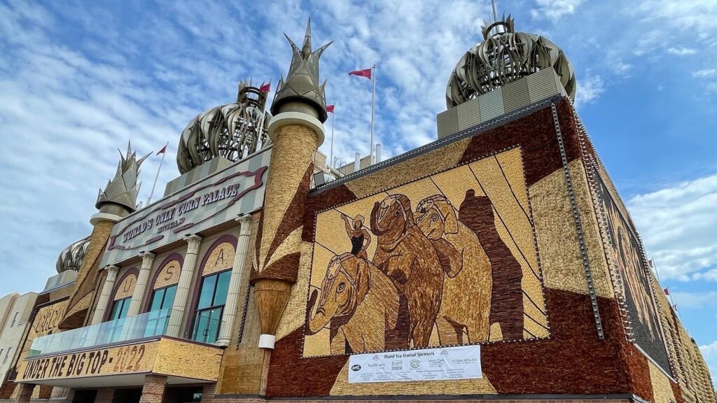 Moorish revival architecture building covered in murals made from corn in Mitchell, South Dakota